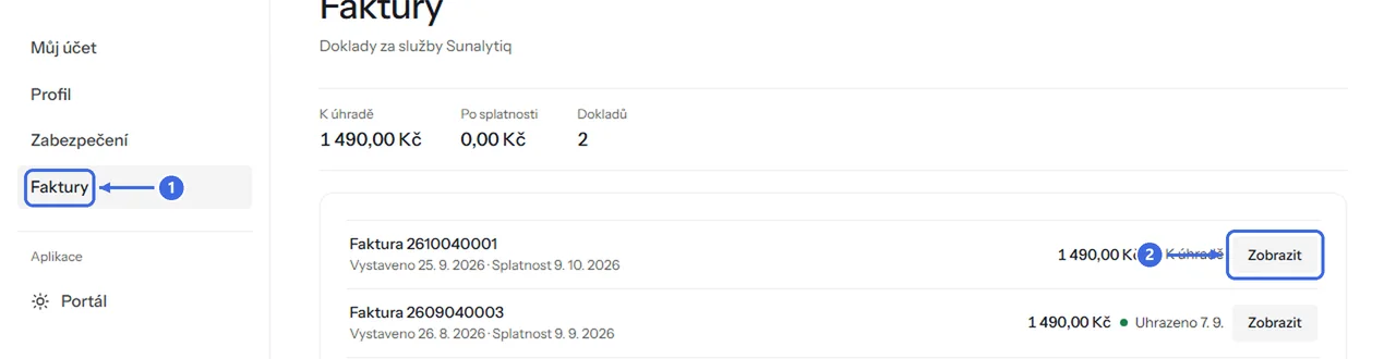 Faktury v Účtu: 1 menu Faktury, 2 tlačítko Zobrazit
