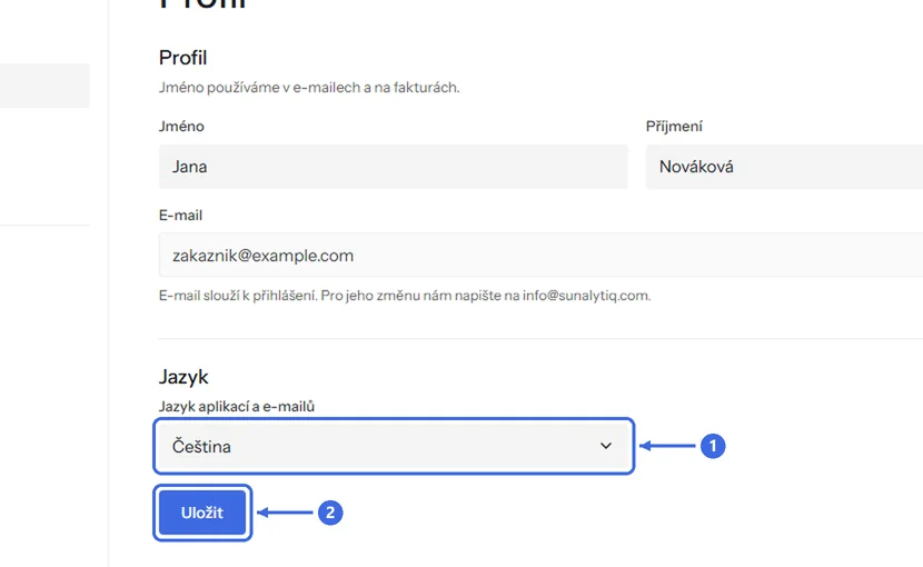 Profil v Účtu: 1 výběr jazyka, 2 tlačítko Uložit