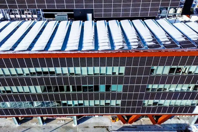 A modern building with solar panels
