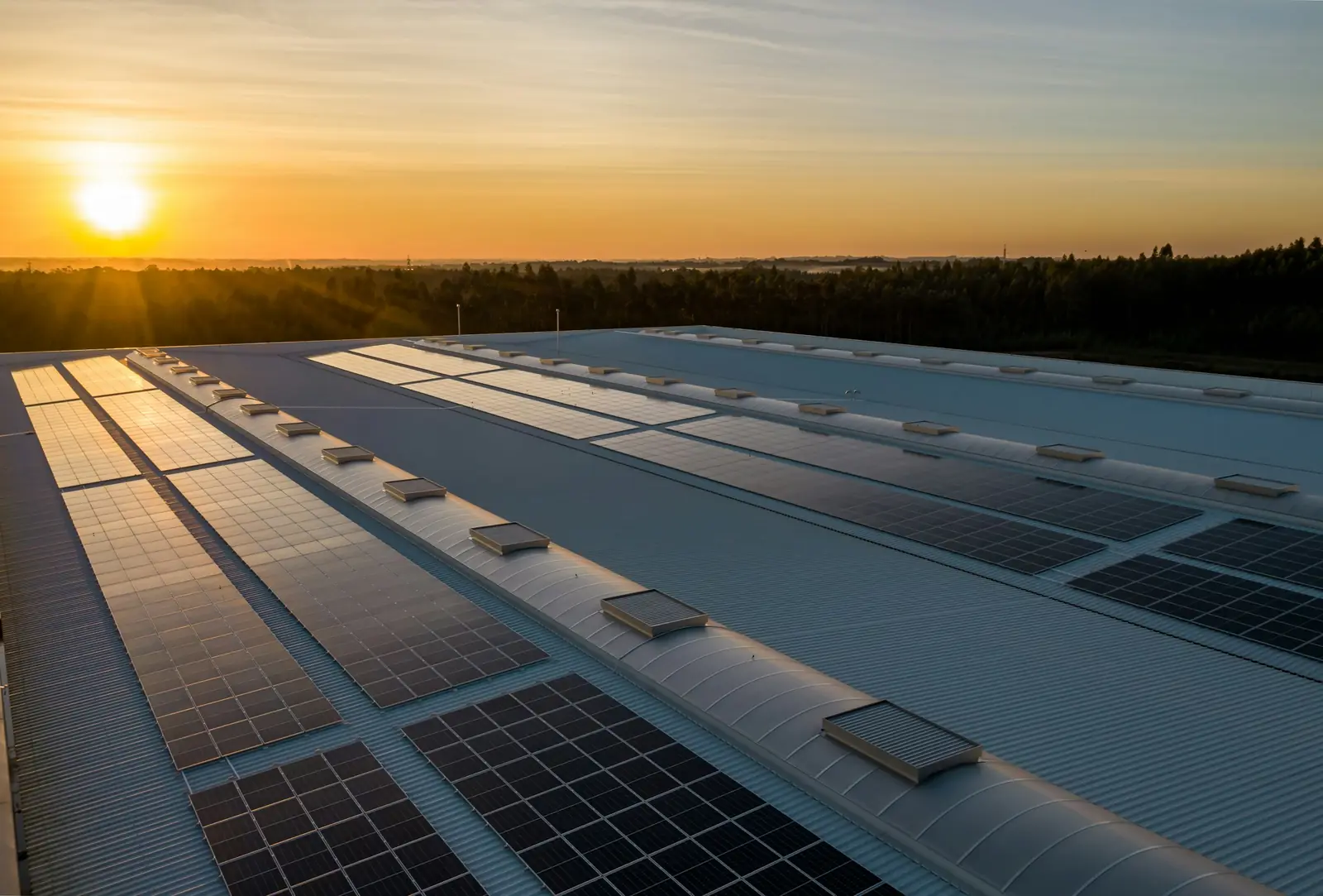 Solar panels on a logistics warehouse roof at sunset